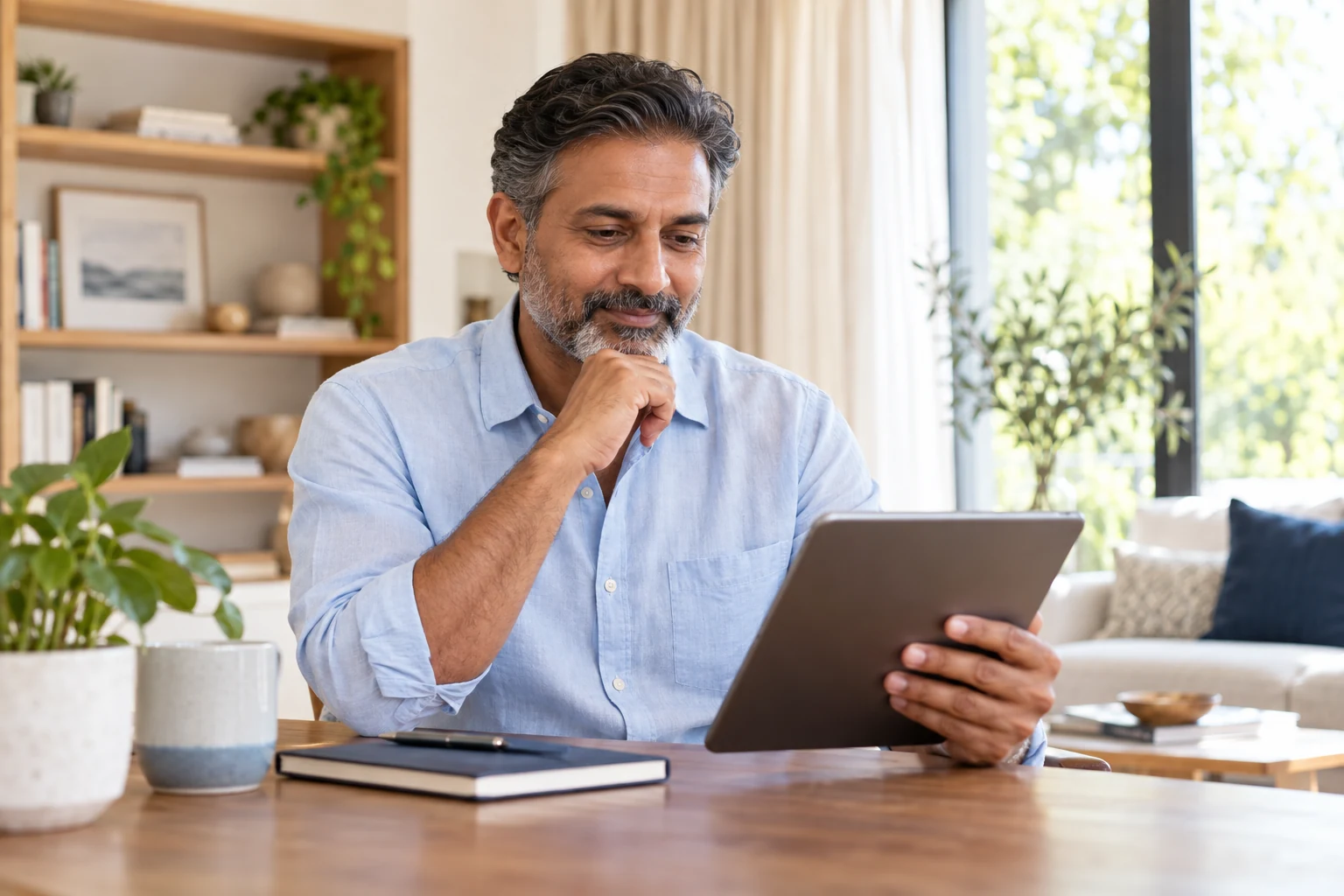 Illustrative man exploring online care on a tablet at home