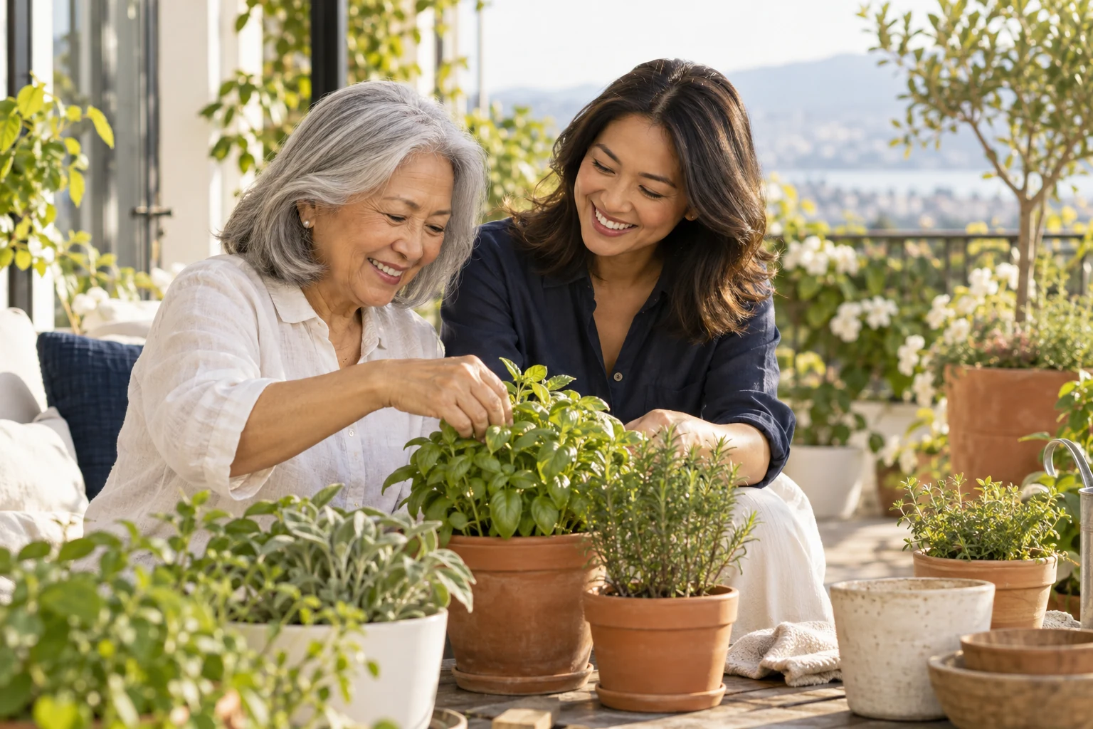 Illustrative grandmother and adult daughter tending herbs together