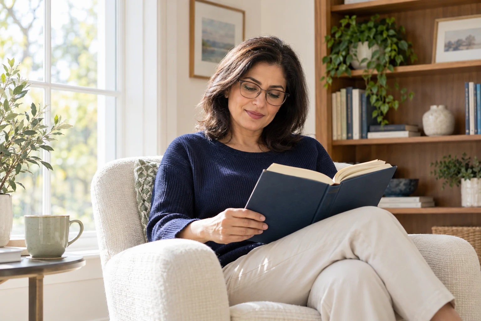 Illustrative woman reading in a sunlit home study
