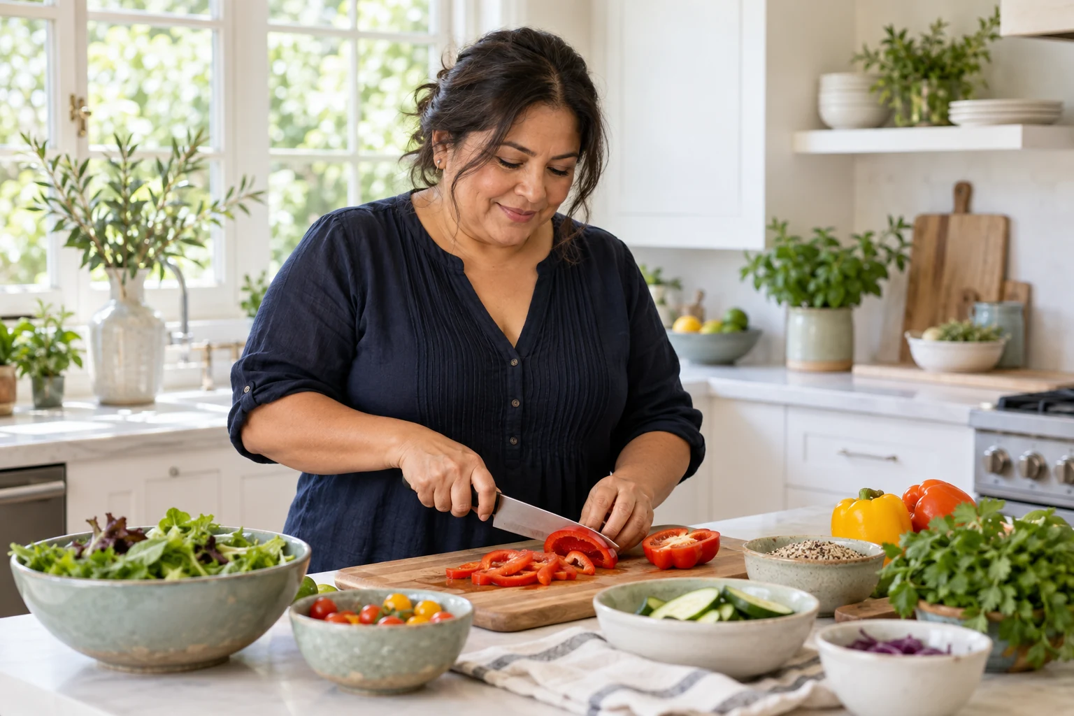 Illustrative woman preparing a balanced meal at home